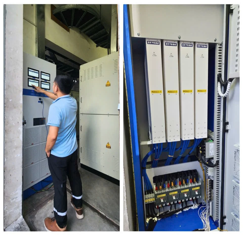 Kỹ sư PowerMore kiểm tra và hướng dẫn vận hành hệ thống lọc sóng hài tại nhà máy sữa TP.HCM sau lắp đặt.