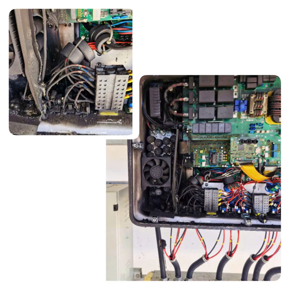 Biến tần năng lượng mặt trời hư hỏng nặng phần DC bus do vận hành trong môi trường điện có sóng hài vượt chuẩn. Sự cố gây mất toàn bộ khả năng hòa lưới và tiềm ẩn nguy cơ cháy lan nếu không xử lý kịp thời.