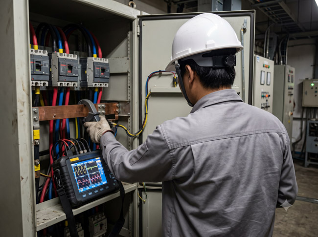 Kỹ sư dùng máy phân tích chất lượng điện năng đo sóng hài của hệ thống biến tần tiết kiệm điện.
