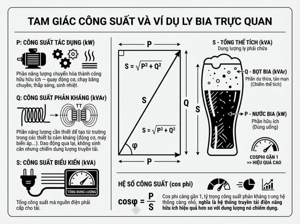 Infographic tam giác công suất và ly bia minh họa nguyên lý bù công suất phản kháng.