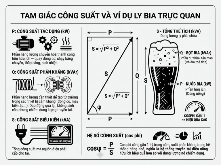 Infographic tam giác công suất và ly bia minh họa nguyên lý bù công suất phản kháng.
