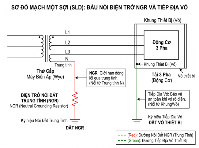 Sơ đồ mạch một sợi thể hiện vị trí lắp đặt điện trở nối đất trung tính tại điểm trung tính máy biến áp.