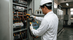 Kỹ sư Powermore đo chất lượng điện năng để đánh giá hệ thống bù công suất phản kháng tại nhà máy.