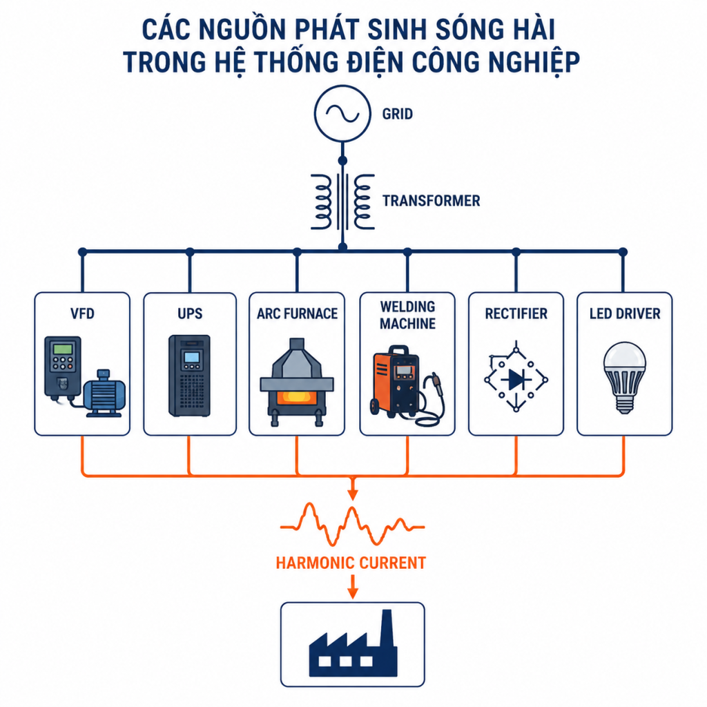Các nguồn phát sinh sóng hài chính trong hệ thống điện công nghiệp: Biến tần VFD, UPS, lò hồ quang, máy hàn, chỉnh lưu và LED driver