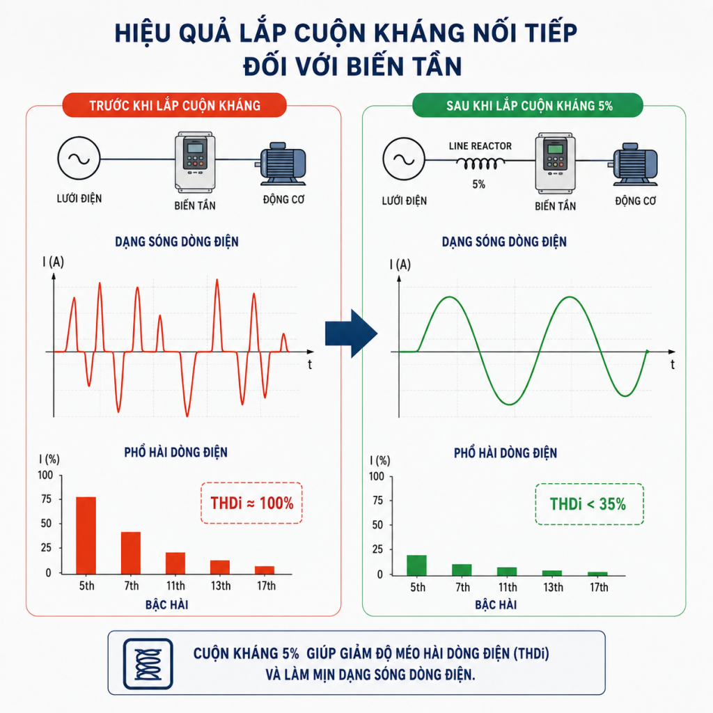 Hiệu quả trước và sau khi lắp cuộn kháng 5% cho biến tần: Dạng sóng và phổ hài THDi giảm từ ~100% xuống dưới 35%