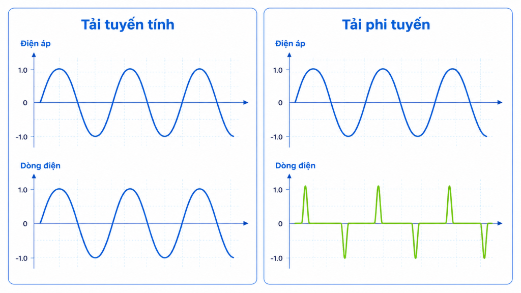 Sơ đồ tải tuyến tính và tải phi tuyến gây méo dòng điện do sóng hài