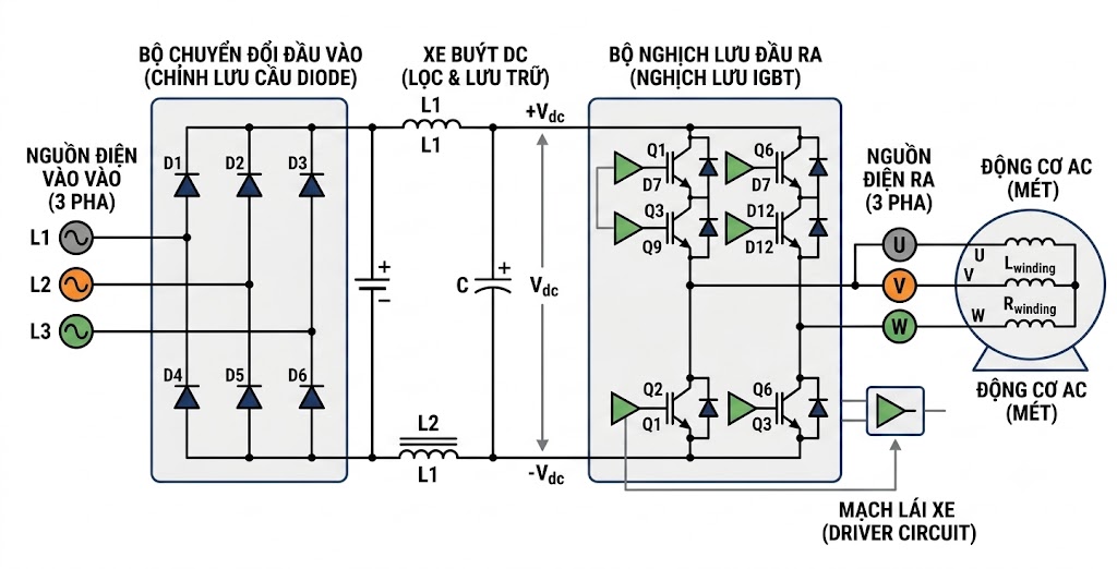 Sơ đồ nguyên lý biến tần VFD 3 pha: Cầu diode chỉnh lưu, tụ DC Bus và inverter – minh họa nguồn gốc gây sóng hài