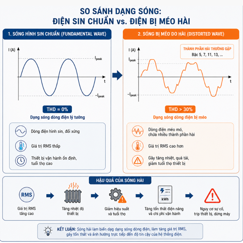 So sánh dạng sóng điện sin chuẩn (THD ≈ 0%) và dạng sóng bị méo do sóng hài (THD > 30%) cùng hậu quả thực tế