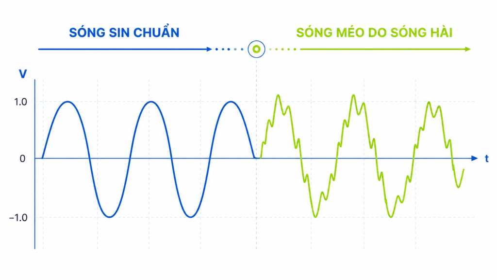 Minh họa dạng sóng điện bị méo do sóng hài