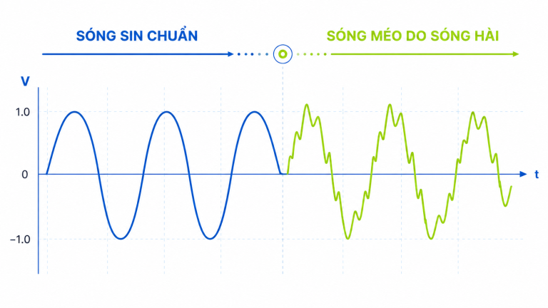 Minh họa dạng sóng điện bị méo do sóng hài