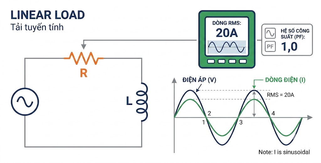 Dạng sóng dòng điện hình sin chuẩn của tải tuyến tính với giá trị RMS 20A và hệ số công suất lý tưởng